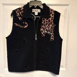 VTG Lisa International Sweater Vest Boho Medium Black Wool Romantic Cat Leopard
